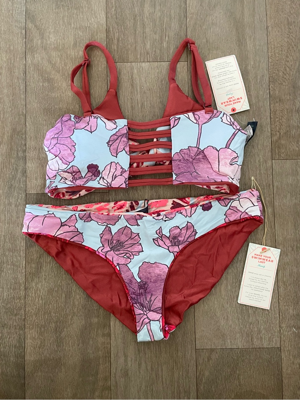 Floral Strappy Red & Light Blue Bikini Set